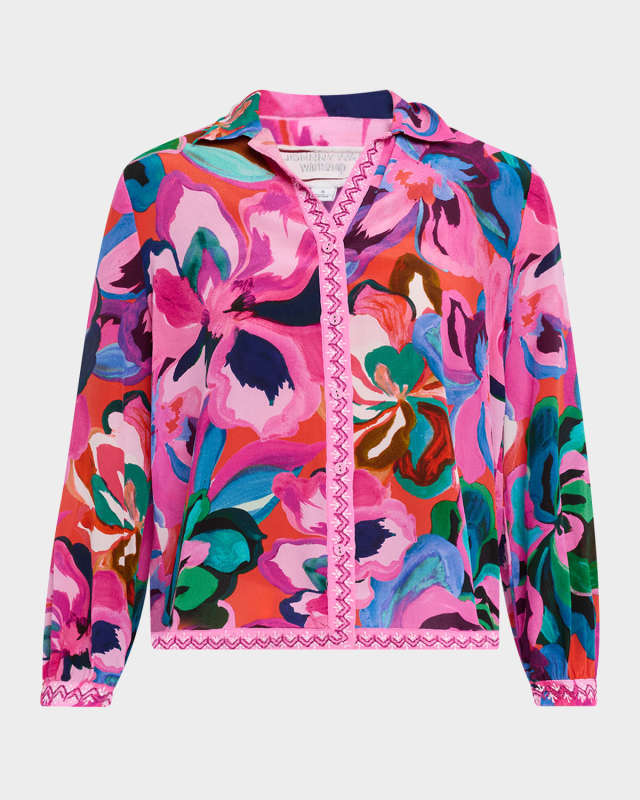 Button-Front Printed Silk Blous